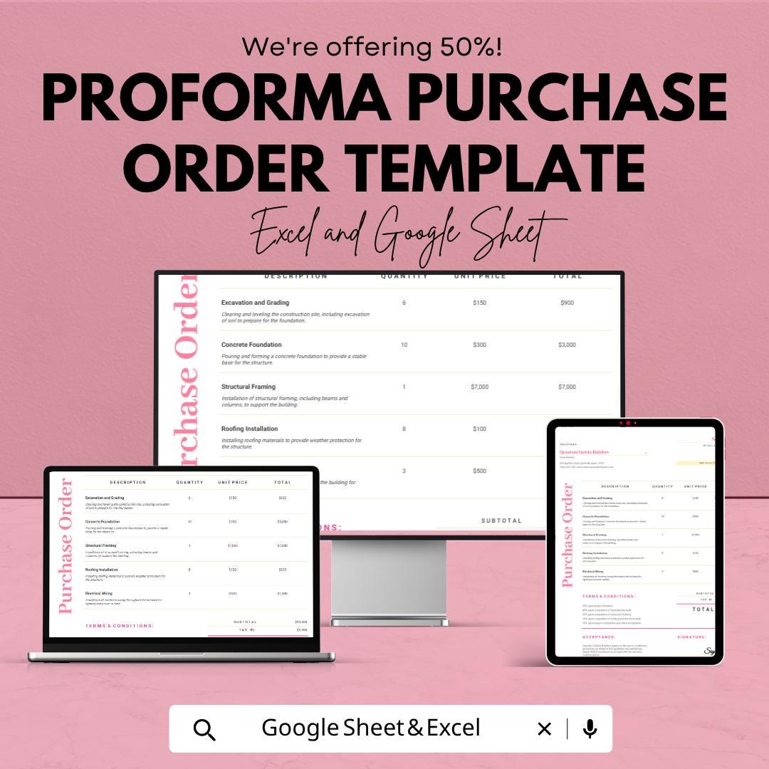 Proforma Purchase Order Template | Purchase Order Spreadsheet | Business Order Form Template | Excel & Google Sheets | Vendor Order Tracker
