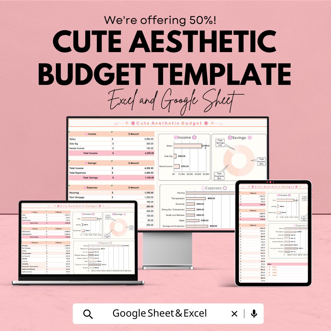 Cute Aesthetic Budget Template | Monthly Budget Spreadsheet | Excel & Google Sheets Budget Planner | Expense Tracker