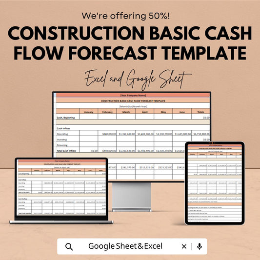 Construction Cash Flow Forecast Template  | Construction Budget Planner | Project Cash Flow Tracker | Contractor Finance Spreadsheet