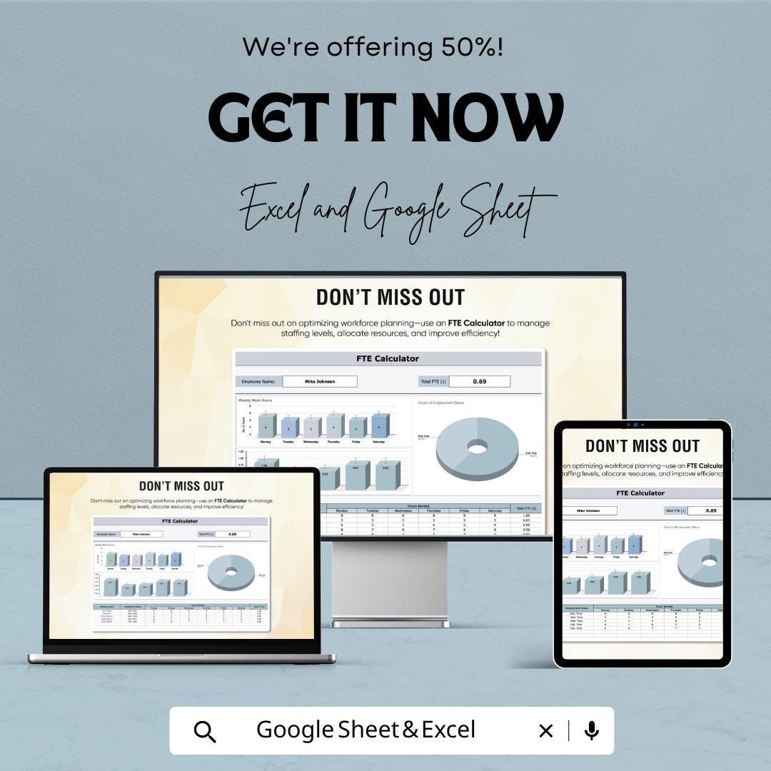 FTE Calculator Sheet – Excel and Google Sheets Template for Workforce Planning & Resource Allocation – 50% Off