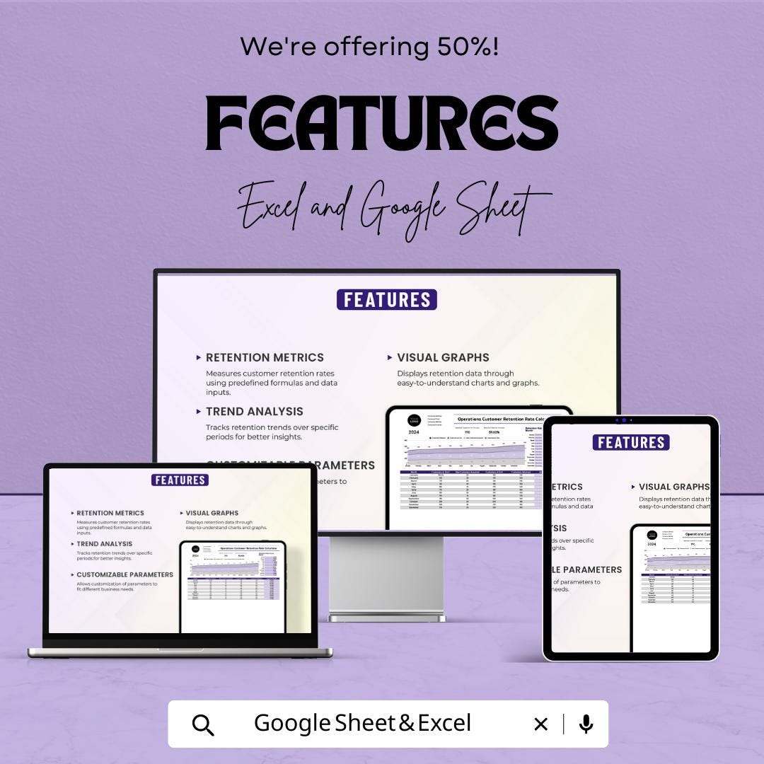 Customer Retention Rate Calculator | Retention Dashboard Template | Customer Analytics Spreadsheet | Excel & Google Sheets Tracker