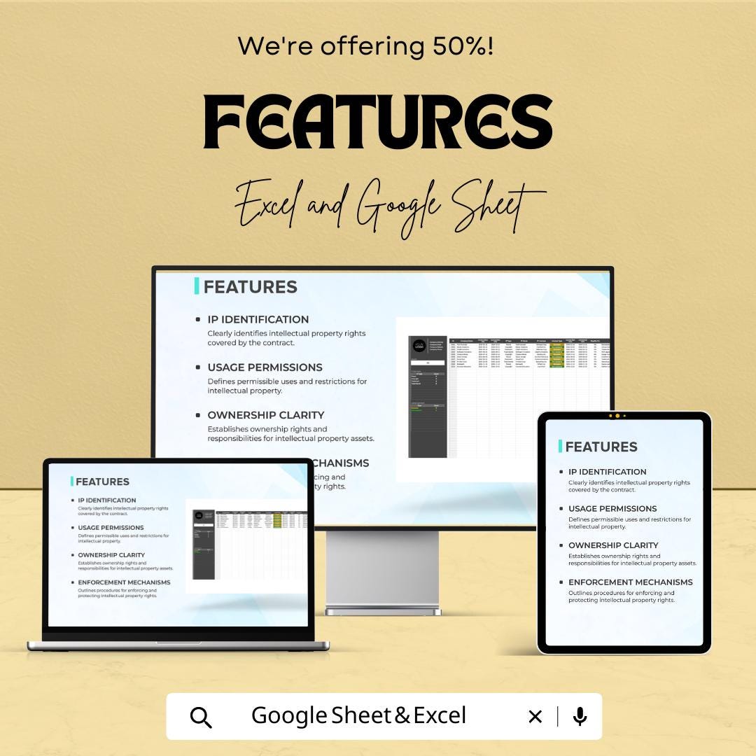 IP Rights Management Template, Intellectual Property Contract Tracker, Legal Contract Organizer