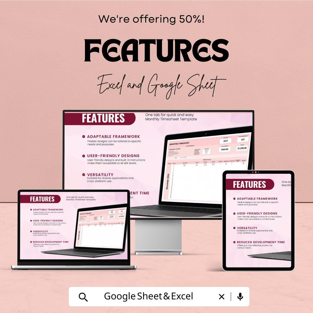 Monthly Timesheet Template - Excel and Google Sheets - Track Employee Hours & Payroll - Customizable Work Hours Sheet for Business