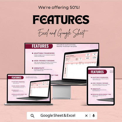 Monthly Timesheet Template - Excel and Google Sheets - Track Employee Hours & Payroll - Customizable Work Hours Sheet for Business