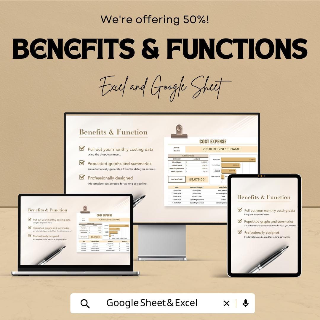 Cost Expense Sheet | Excel & Google Sheets | Monthly Expense Tracker | Customizable Budgeting Tool | Business Financial Planning Template