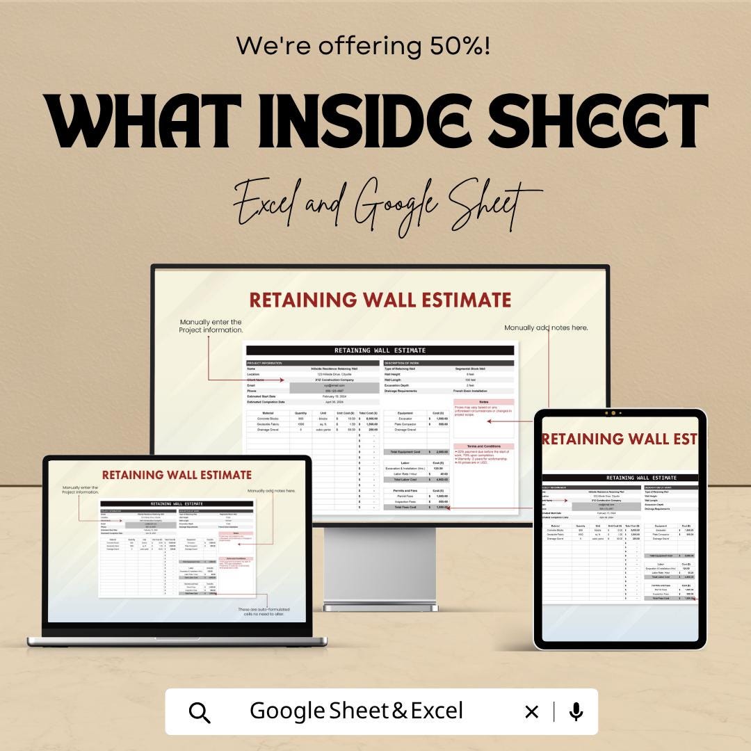 Retaining Wall Estimate Template Excel Google Sheets | Construction Estimate Template | Contractor Cost Calculator | Project Estimate Sheet