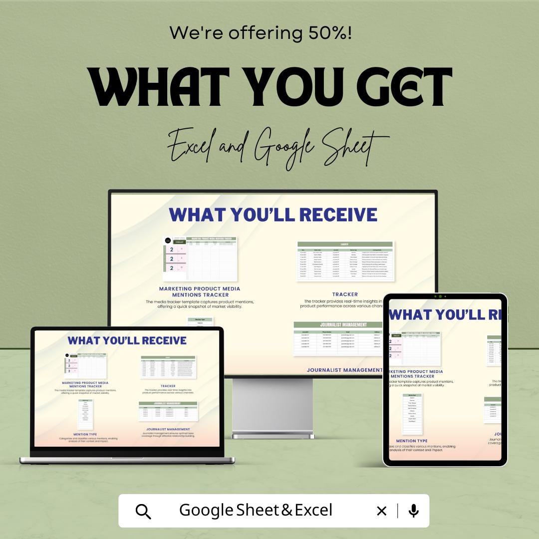 Marketing Product Media Mentions Tracker Template | PR Tracker | Media Monitoring Spreadsheet | Google Sheets & Excel |