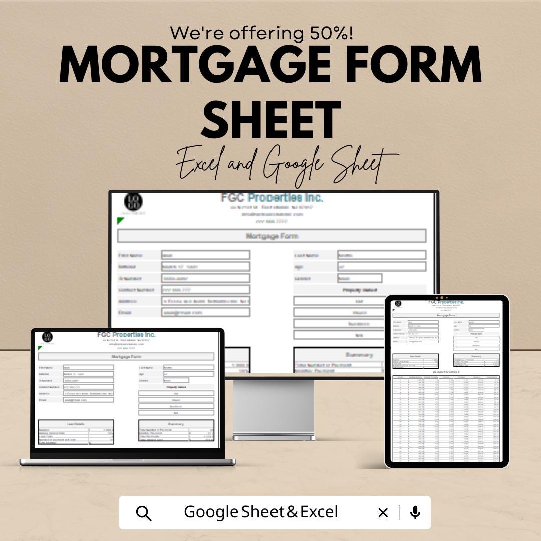 Mortgage Form Template - Easy Loan Application Form for Lenders and Borrowers | Excel & Google Sheet | Customizable Mortgage Calculator