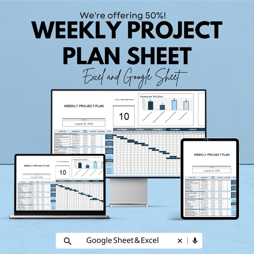 Weekly Project Plan Template Sheet | Excel and Google Sheets | Project Management Tool | Task Scheduling & Tracking Template