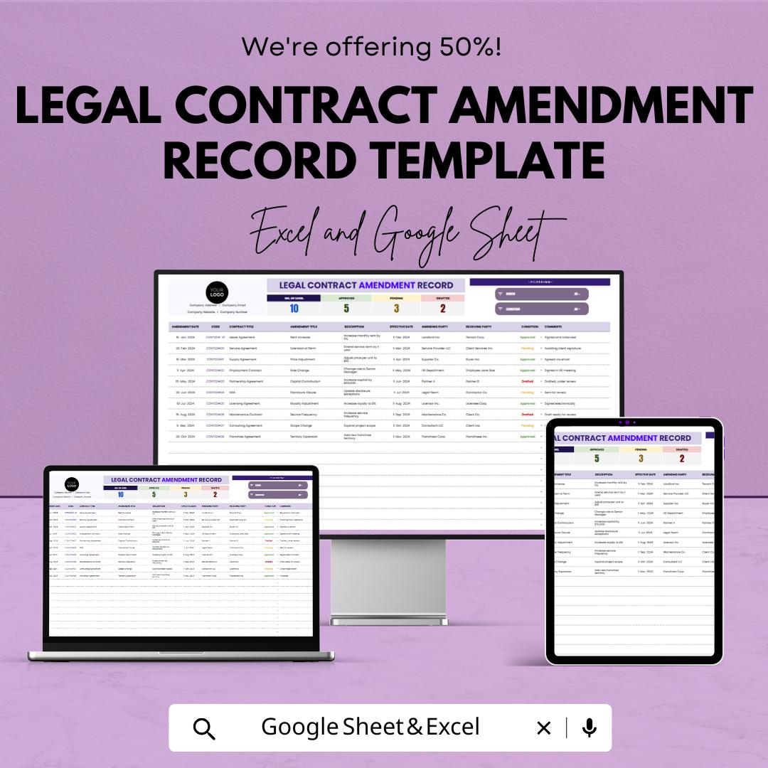 Legal Contract Amendment Record Template | Contract Change Log and Amendment Tracker | Excel & Google Sheets Spreadsheet