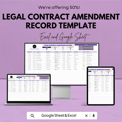 Legal Contract Amendment Record Template | Contract Change Log and Amendment Tracker | Excel & Google Sheets Spreadsheet