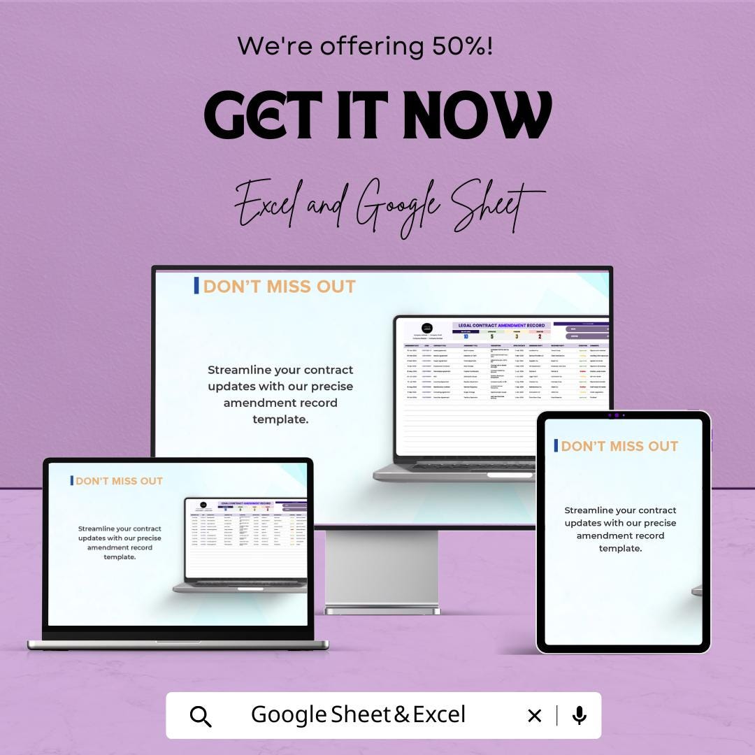 Legal Contract Amendment Record Template | Contract Change Log and Amendment Tracker | Excel & Google Sheets Spreadsheet