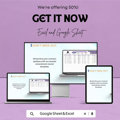 Legal Contract Amendment Record Template | Contract Change Log and Amendment Tracker | Excel & Google Sheets Spreadsheet