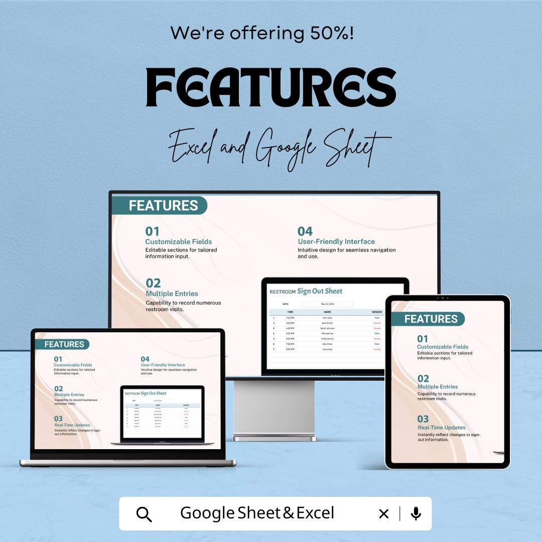Restroom Sign Out Sheet | Excel & Google Sheets | Bathroom Log Template | Restroom Monitoring Sheet | Printable Bathroom Tracker