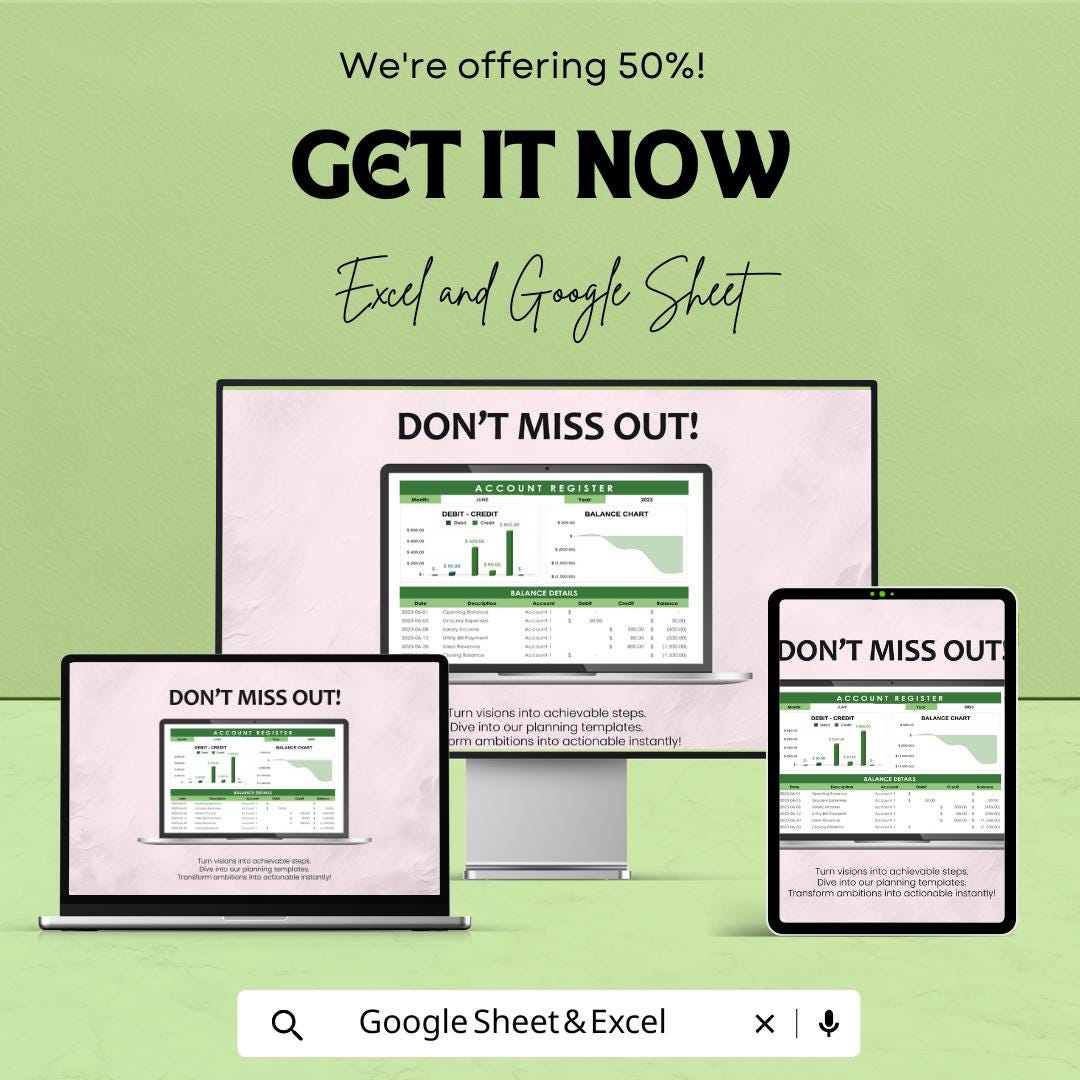 Account Register Sheet | Excel & Google Sheets Finance Tracker | Debit Credit Log | Balance Chart Template | Digital Ledger
