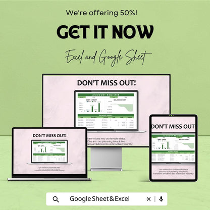 Account Register Sheet | Excel & Google Sheets Finance Tracker | Debit Credit Log | Balance Chart Template | Digital Ledger