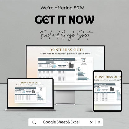Basic Project Plan Template | Project Management Spreadsheet | Google Sheets and Excel Task Tracker | Budget & Timeline Planner