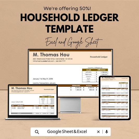 Household Ledger Template Excel Google Sheets | Expense Tracker Spreadsheet | Home Budget Planner | Financial Ledger | Digital Budget