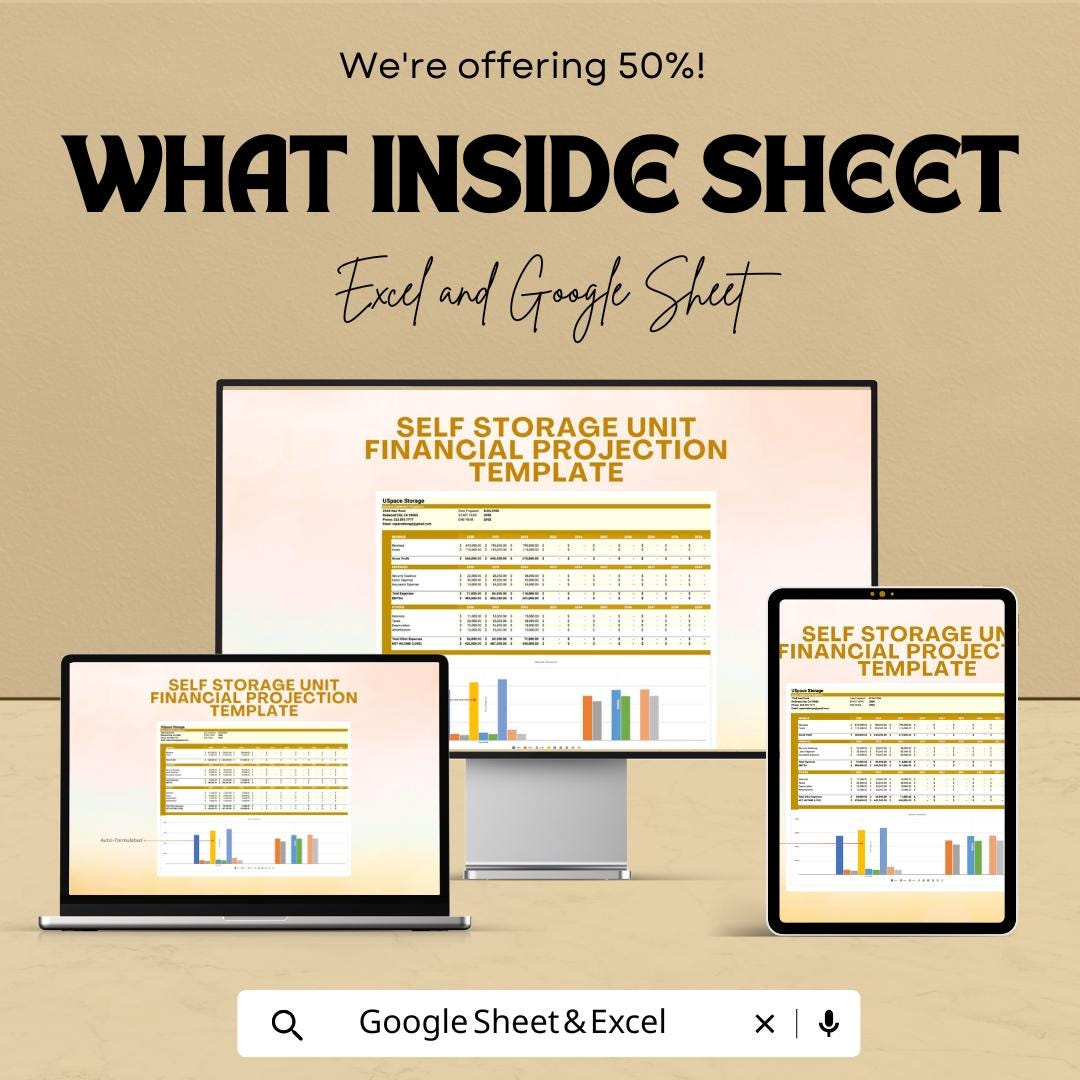 Self Storage Unit Financial Projection Template | Storage Business Forecast | Revenue & Expense Model | Financial Planning Spreadsheet