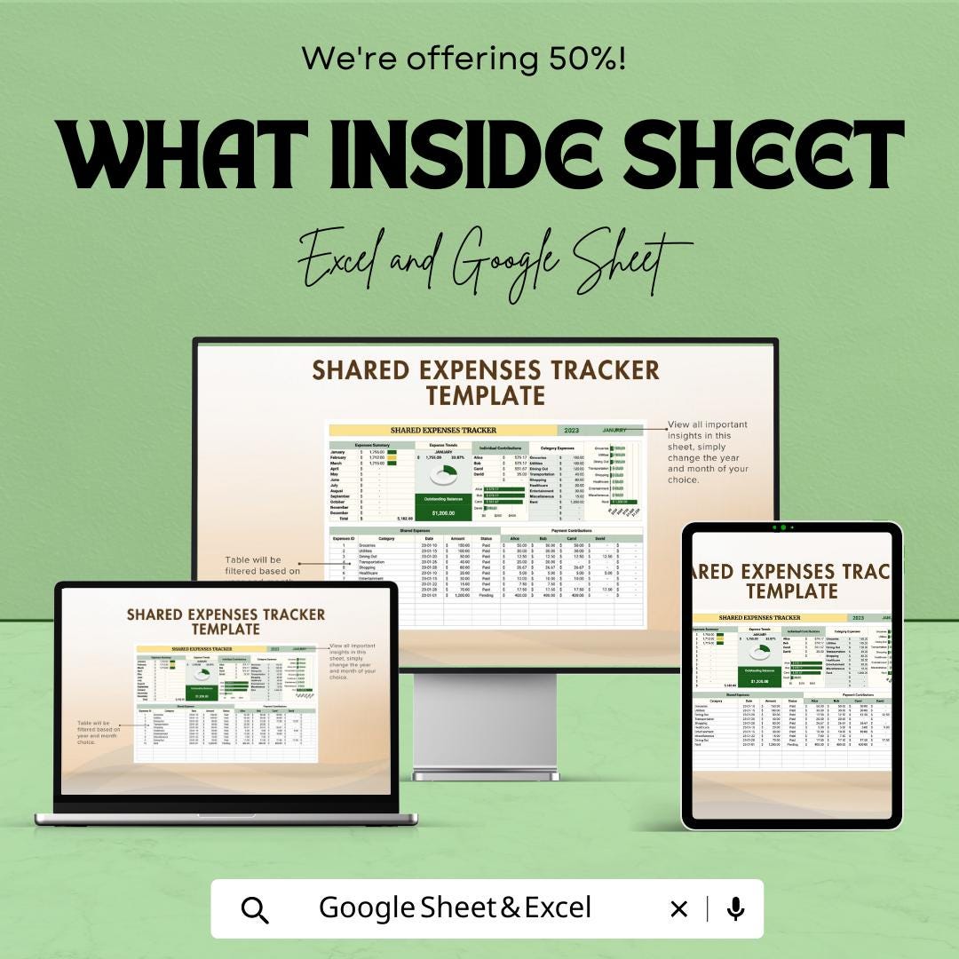 Shared Expenses Tracker Template, Split Expenses Spreadsheet, Roommate Expense Tracker, Household Budget Splitter