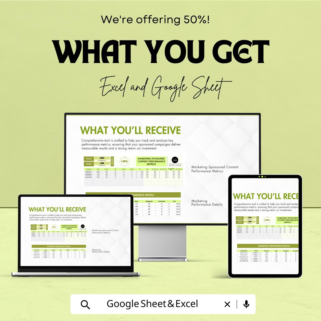Marketing Sponsored Content Performance Metrics Template | Campaign Metrics Tracker | Engagement and Conversion Tracker