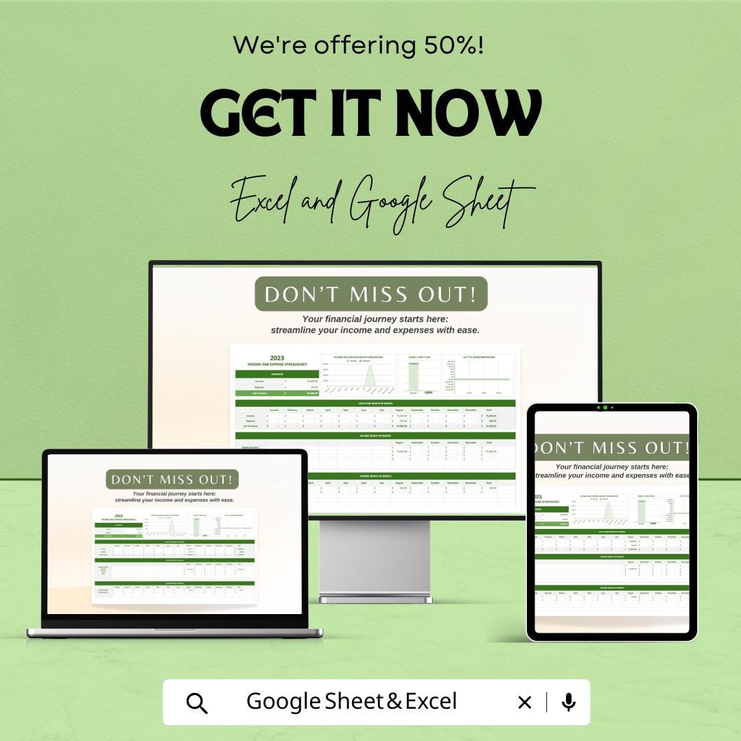 Income and Expense Spreadsheet | Excel & Google Sheet Template for Financial Management | 50% Off Now