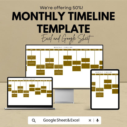 Monthly Timeline Template for Excel & Google Sheets | Editable Project Planner | Monthly Goal Tracker Spreadsheet