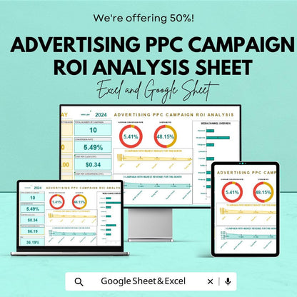 PPC ROI Analysis Sheet | Advertising Campaign Tracker | Google Sheets & Excel | Conversion Rate Report | ROI Dashboard