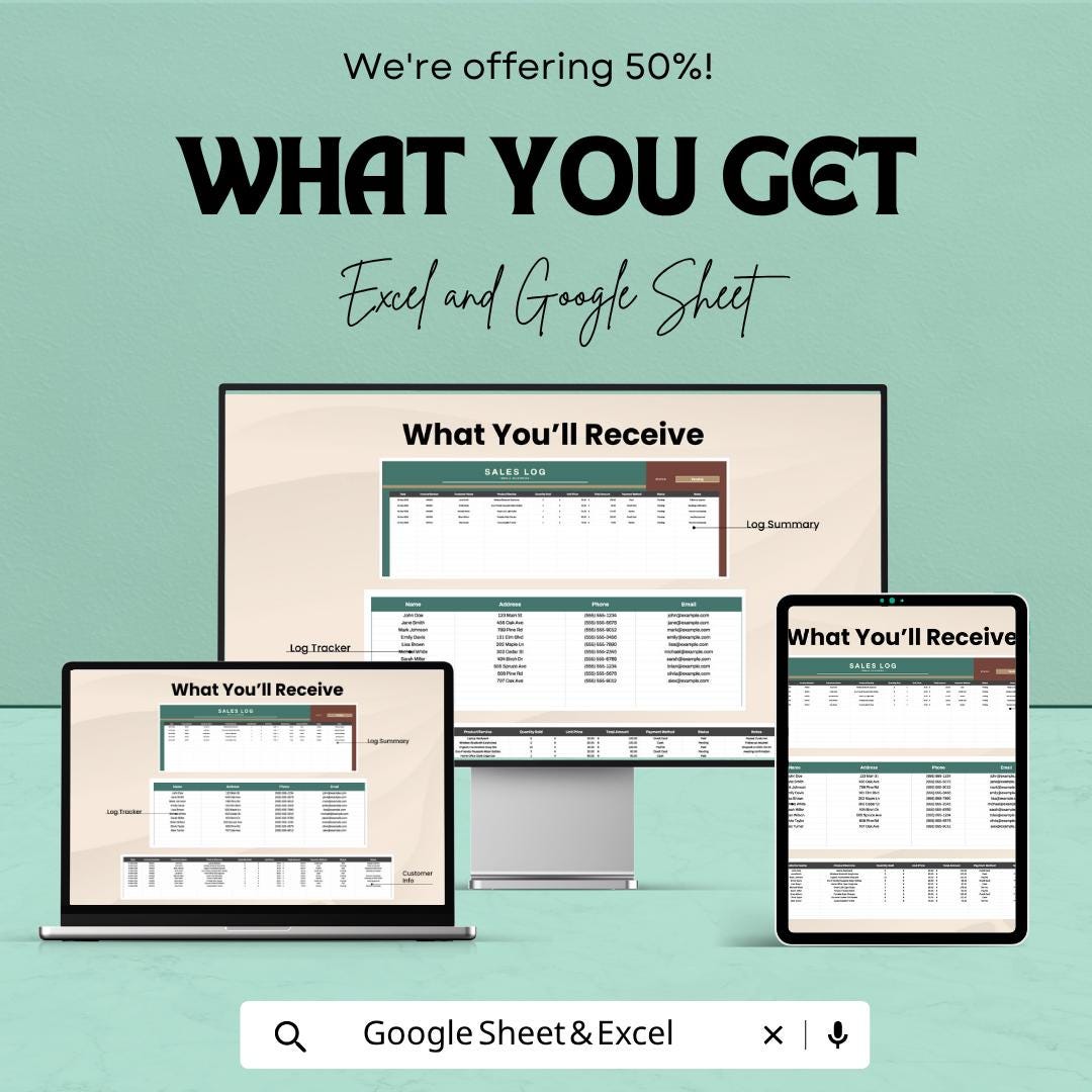Small Business Sales Log Template Excel | Sales Tracker Spreadsheet Google Sheets | Sales Record Tracker | Revenue Tracking Sheet |