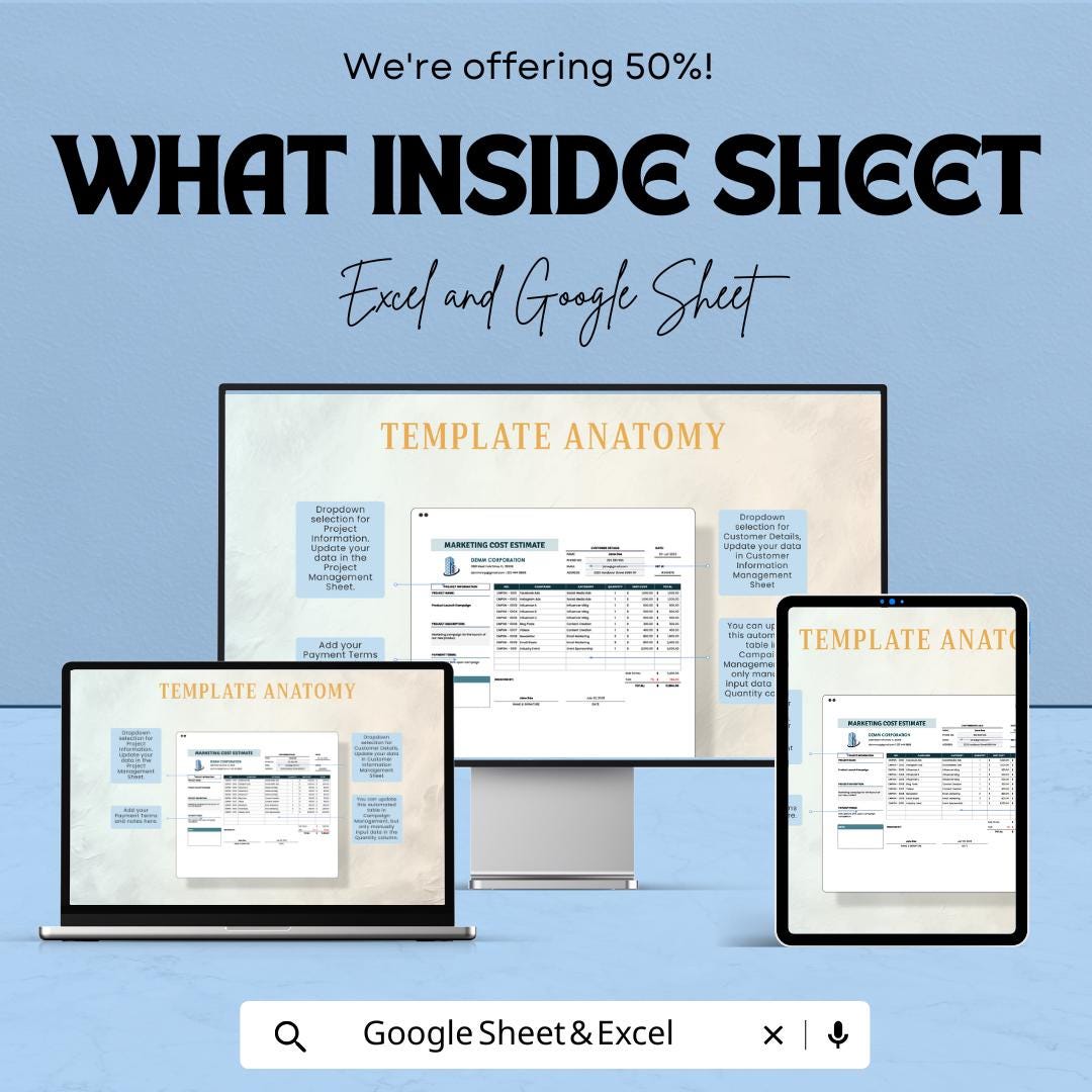 Marketing Cost Estimate Sheet Excel and Google Sheets | Budget Planner for Campaigns & Client Proposals