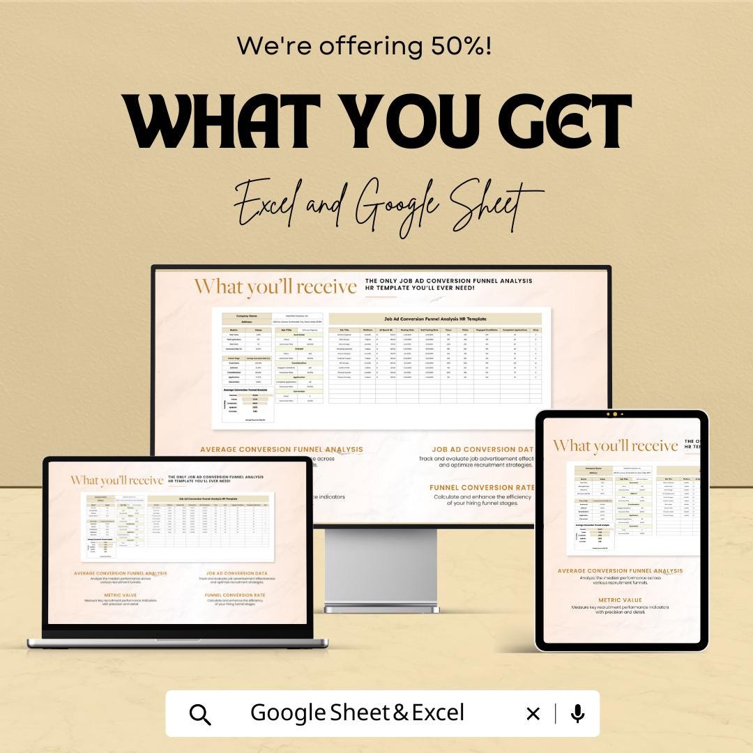 Job Ad Conversion Funnel Analysis HR Template | Hiring Funnel Dashboard | Recruitment Metrics | Excel & Google Sheets