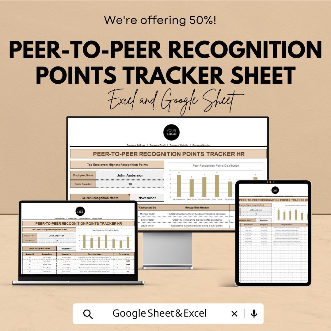 Peer-to-Peer Recognition Points Tracker HR Sheet | Excel & Google Sheets Template | Employee Recognition Tracker