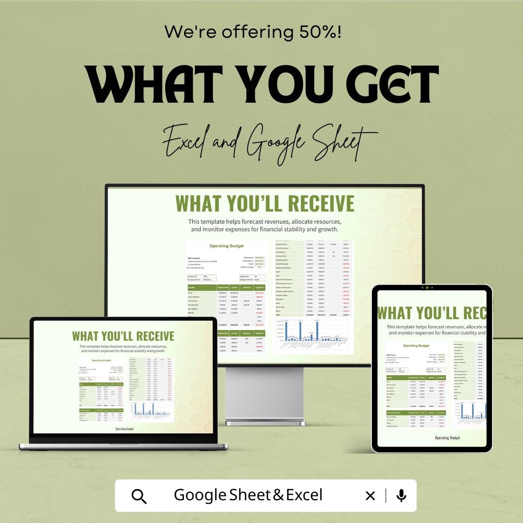 Operating Budget Template | Business Operating Budget Spreadsheet | Excel and Google Sheets Budget Planner | Expense & Income Tracker