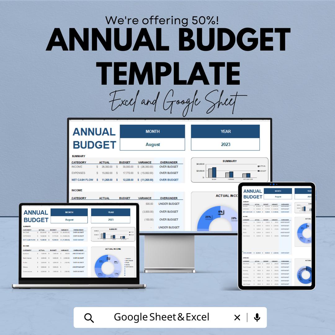 Annual Budget Template | Yearly Budget Planner Spreadsheet | Personal and Business Budget | Excel & Google Sheets