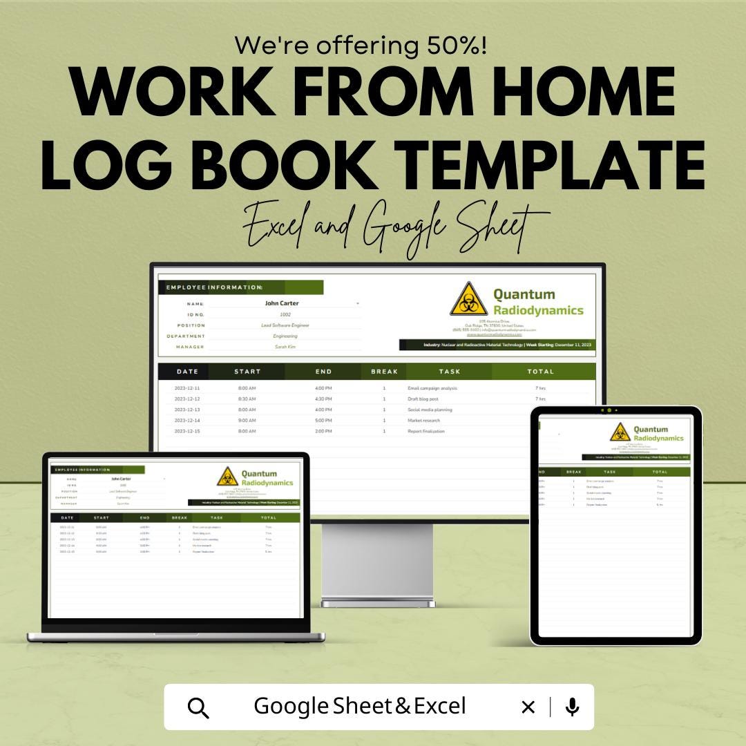Work From Home Log Book Template | Remote Work Log Tracker | Daily Work Log Spreadsheet |  Work Tracker | Productivity Log Book