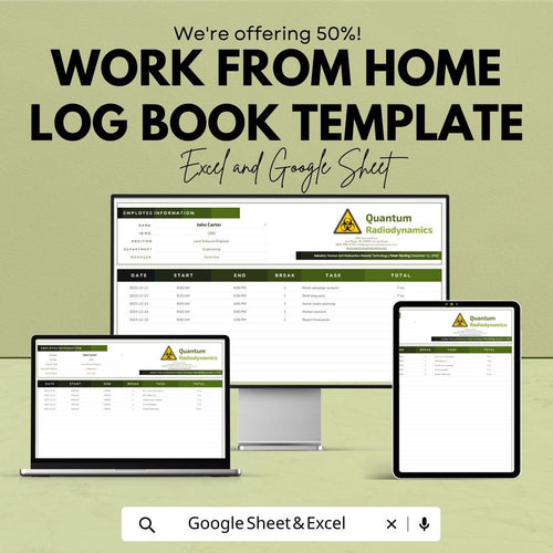 Work From Home Log Book Template | Remote Work Log Tracker | Daily Work Log Spreadsheet |  Work Tracker | Productivity Log Book