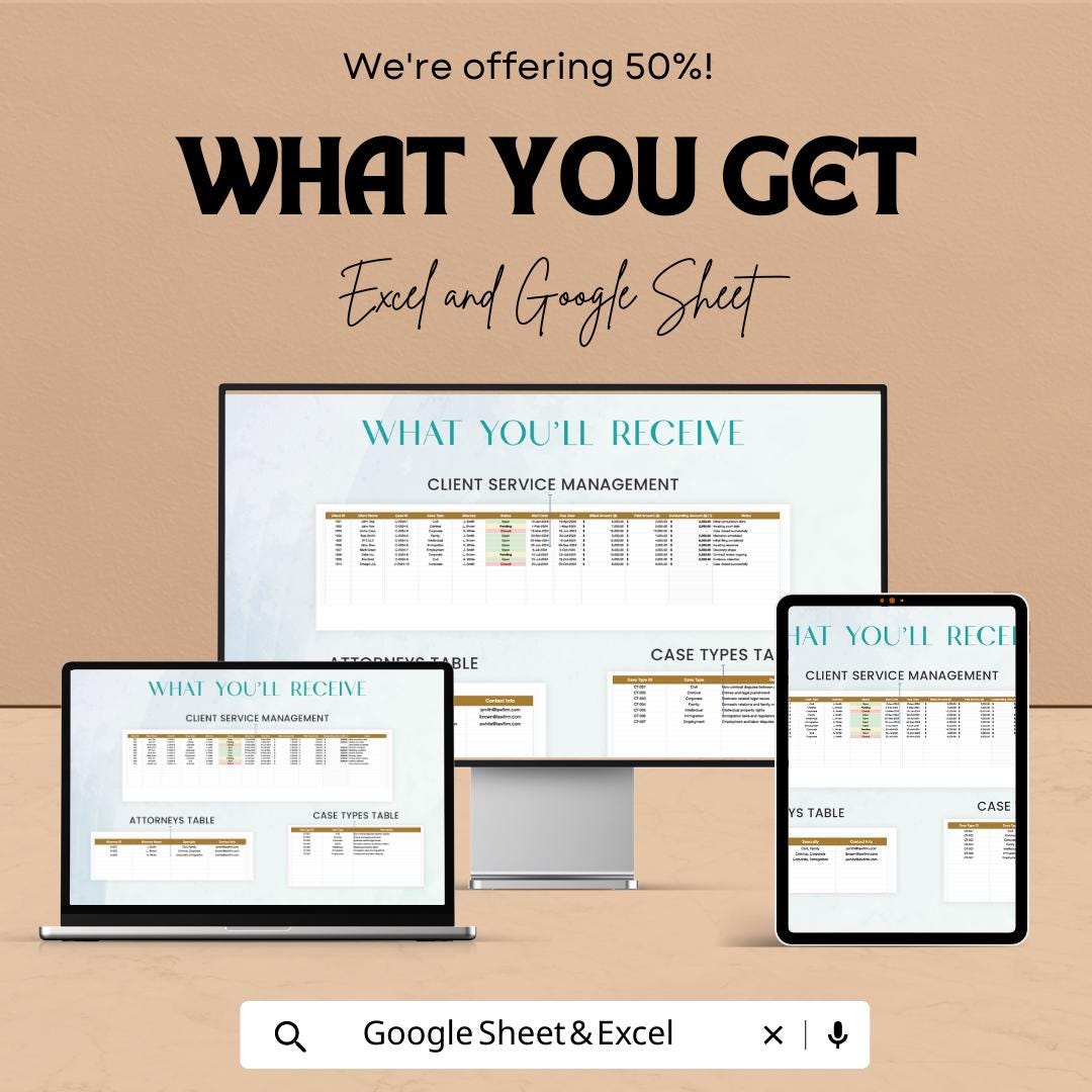 Legal Client Service Management Dashboard Template, Law Firm Case Tracker, Attorney Dashboard Spreadsheet, Legal KPI Tracker