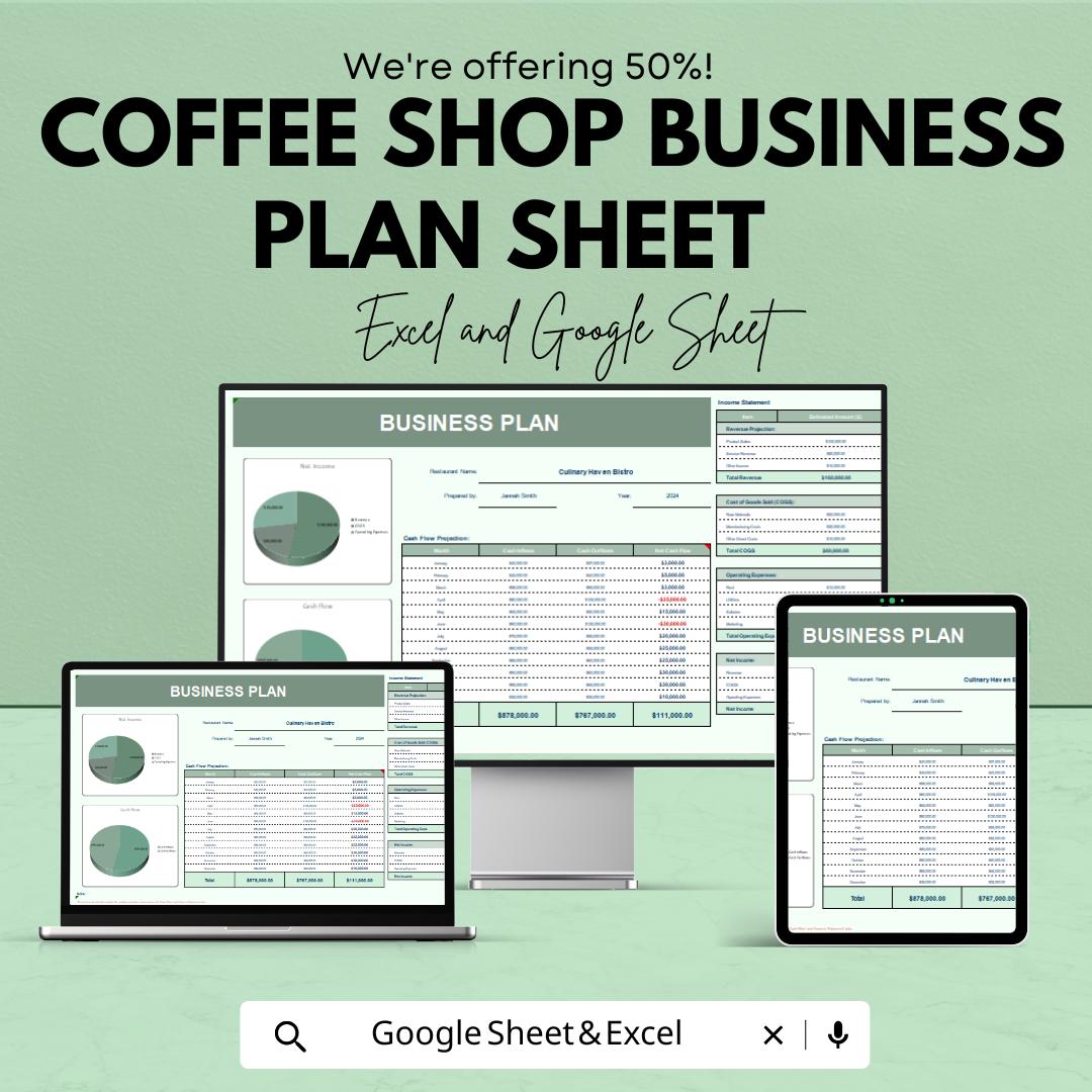 Coffee Shop Business Plan Template | Startup Excel & Google Sheet | Coffee Shop Financial Planner | Restaurant Business Plan
