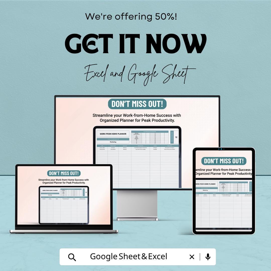 Work From Home Planner Template | Daily Productivity Planner | Remote Work Organizer | Excel & Google Sheets | Task and Schedule Tracker
