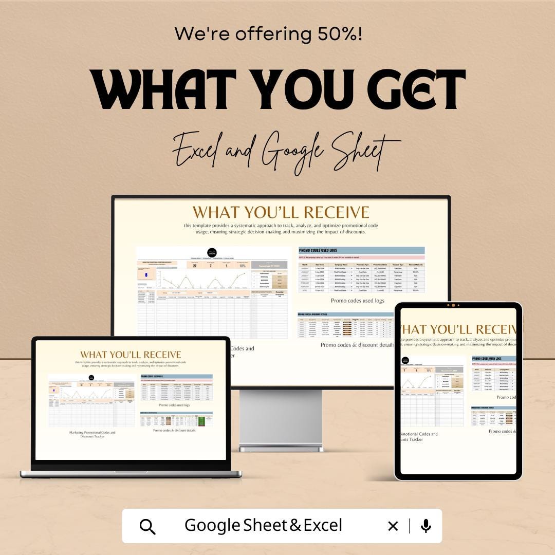 Marketing Promotional Codes and Discounts Tracker Template | Promo Code Usage Log | Marketing Discount Tracker