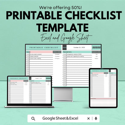 Printable Checklist Template | Task Tracker | Daily Planner | Google Sheets & Excel | To-Do List Organizer | Productivity Tracker |