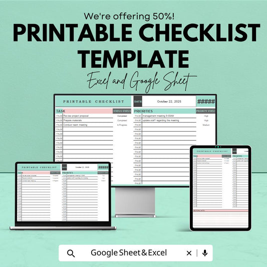 Printable Checklist Template | Task Tracker | Daily Planner | Google Sheets & Excel | To-Do List Organizer | Productivity Tracker |