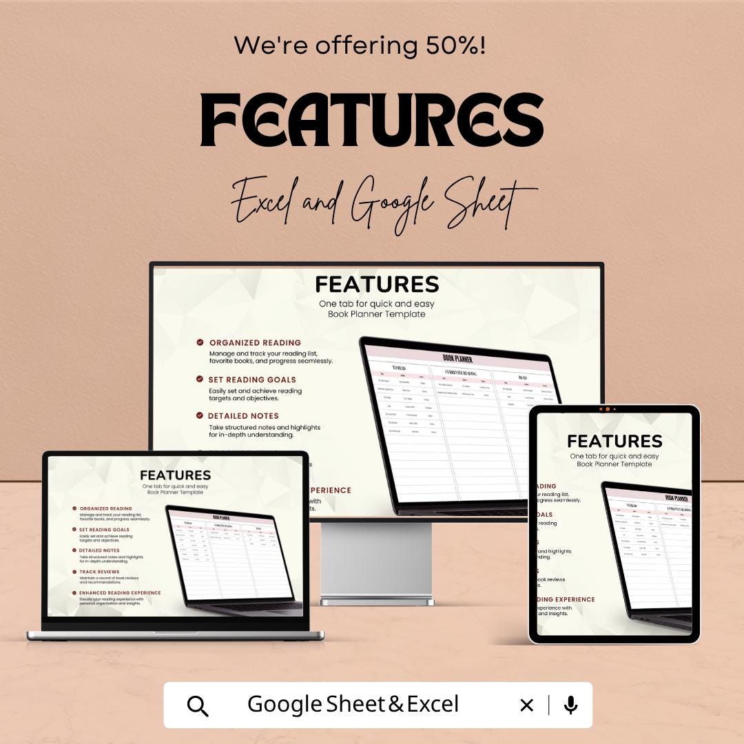 Book Planner Template | Reading Tracker Spreadsheet | Book Journal | TBR List Organizer | Google Sheets & Excel | Reading Log |