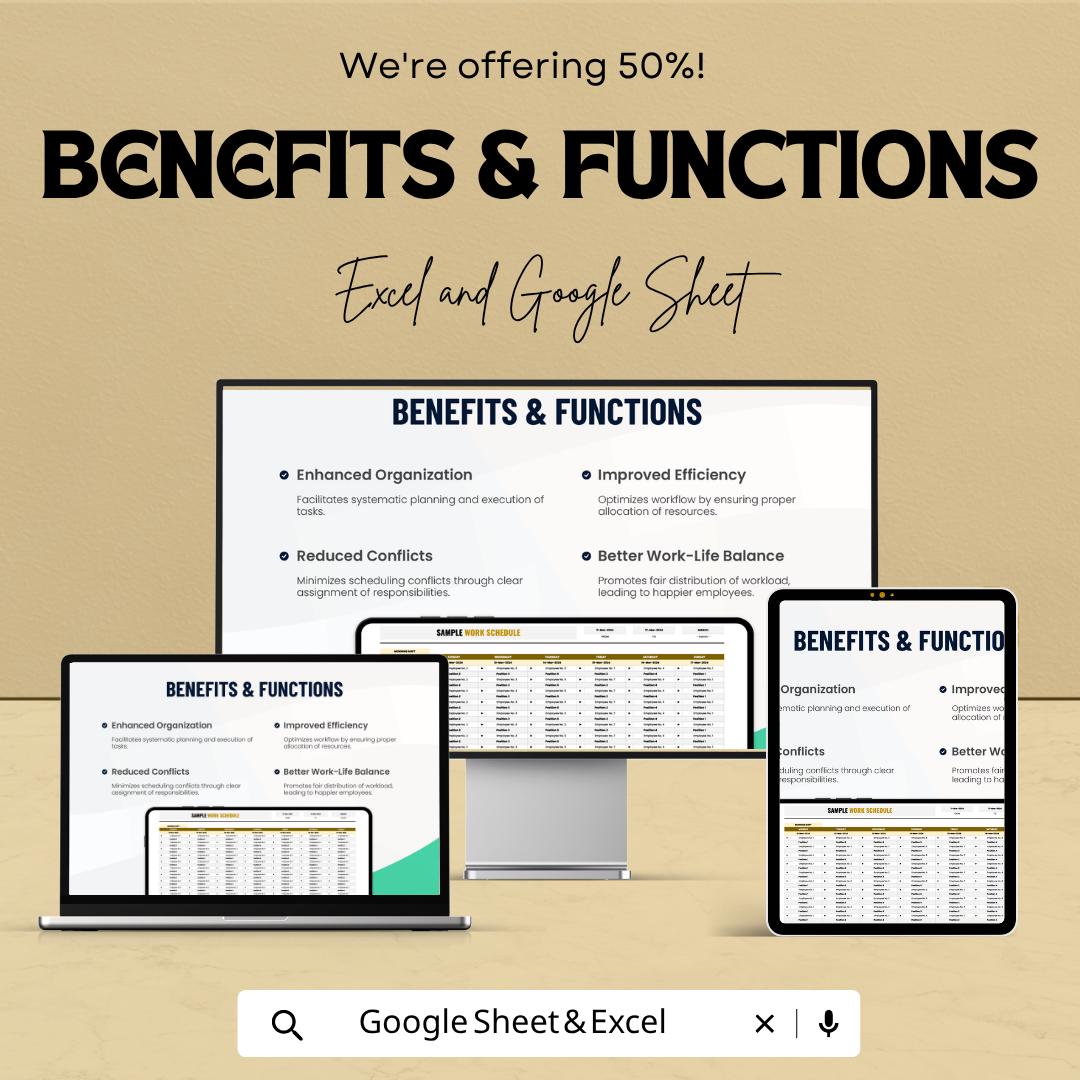 Work Schedule Template Excel Google Sheets | Employee Shift Schedule Planner | Staff Roster Spreadsheet | Weekly Work Schedule Template