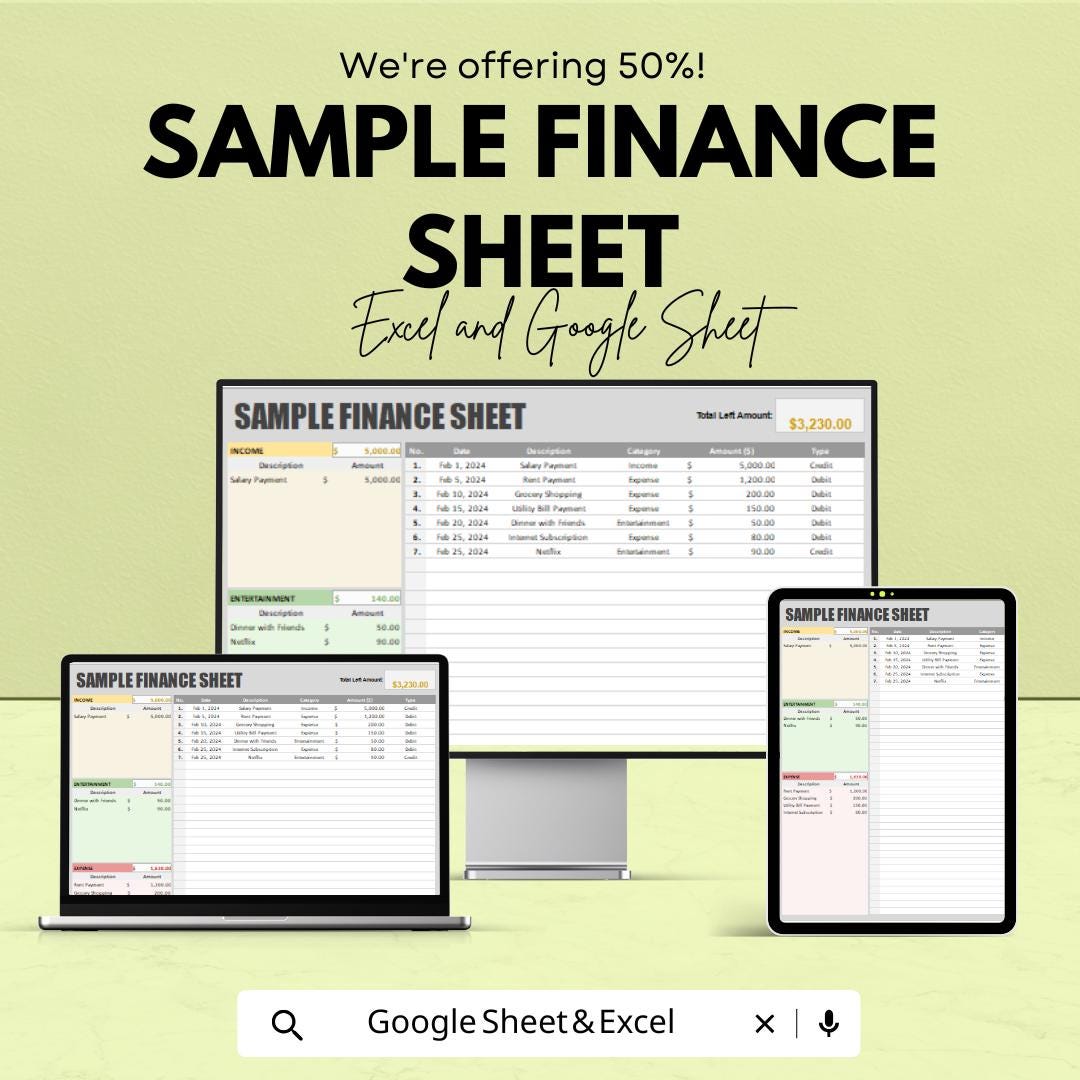 Sample Finance Sheet | Budget and Expense Tracker | Income and Spending Sheet for Personal & Business | Excel and Google Sheets |