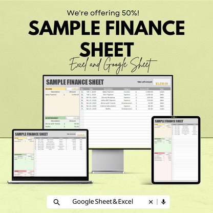 Sample Finance Sheet | Budget and Expense Tracker | Income and Spending Sheet for Personal & Business | Excel and Google Sheets |