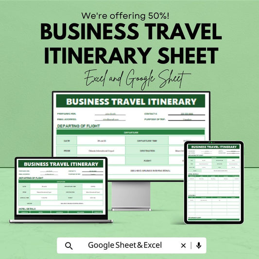 Business Travel Itinerary Template - Excel & Google Sheets - Easy-to-Use Travel Planner for Corporate Trips - Downloadable Template
