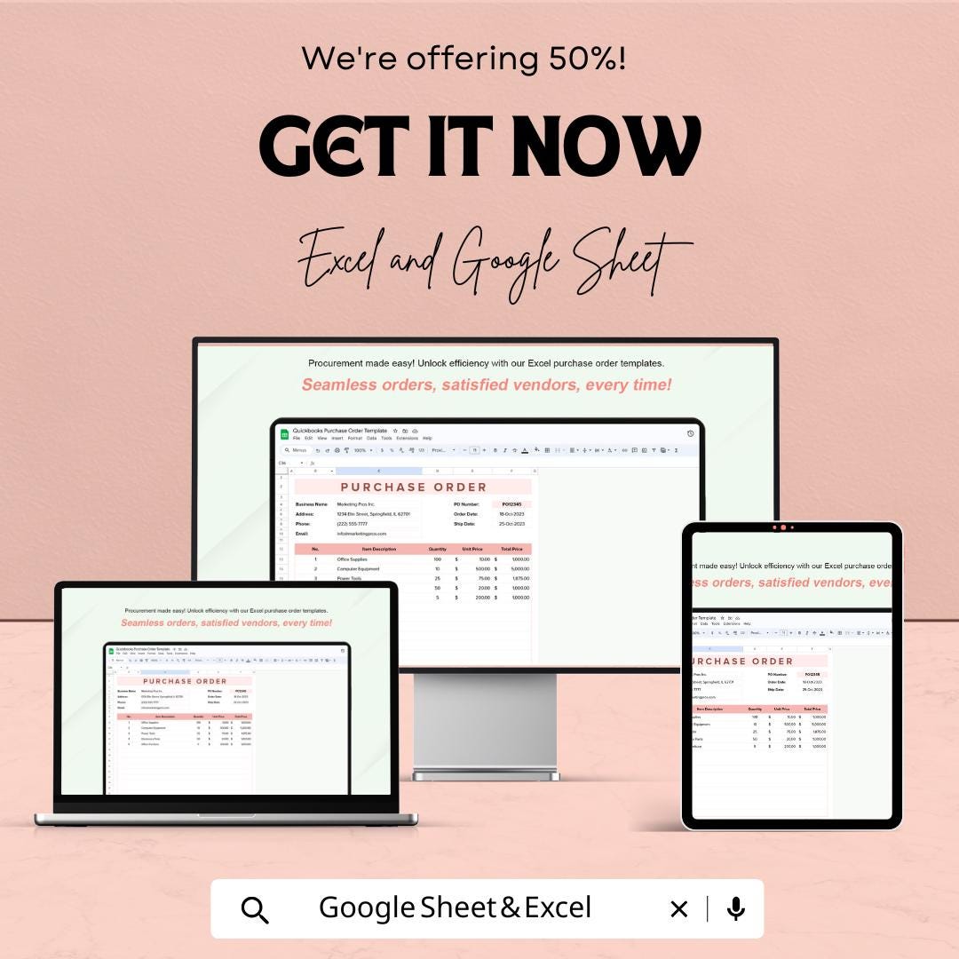 QuickBooks Purchase Order Template | Fillable PO Form in Excel & Google Sheets | Editable Procurement Sheet | Instant Download
