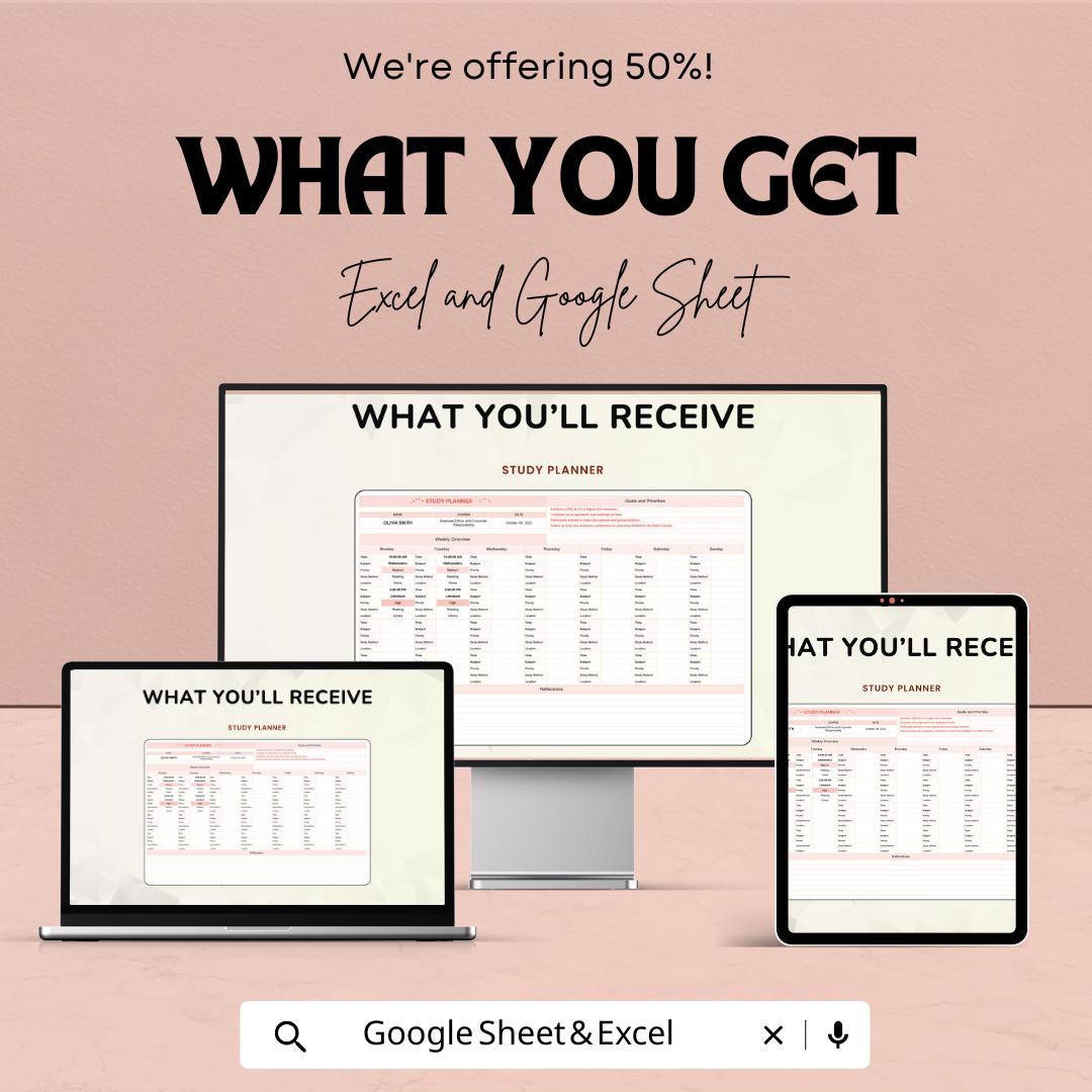Study Planner Template Google Sheets and Excel | Weekly Study Schedule | Student Planner | Semester Planner | Class and Assignment Tracker