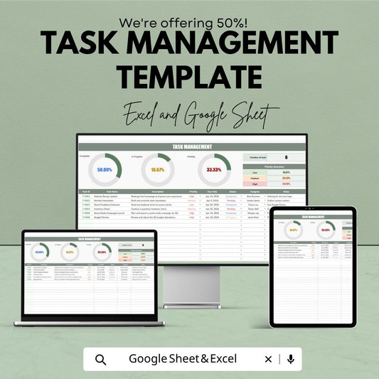 Task Management Template | Project Task Tracker | Workflow Planner Spreadsheet | Team Task Organizer | Productivity Tool